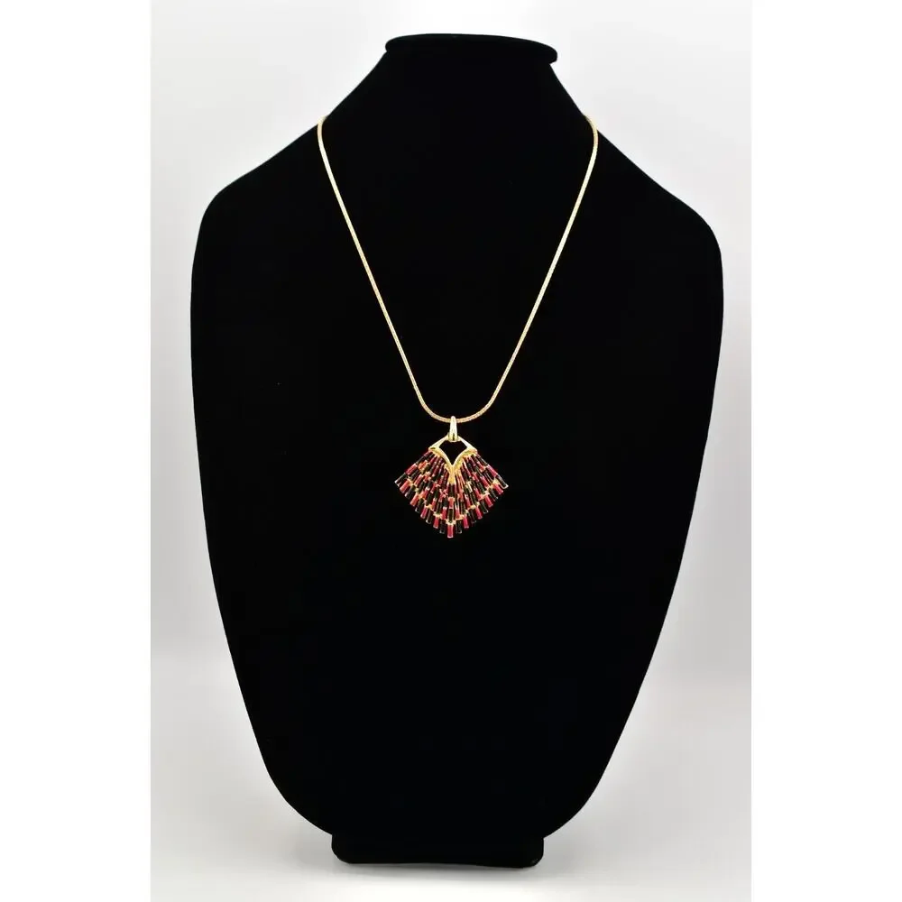 Vintage Pendant Necklace Red Black Enamel Gold Tone Chain Chunky 1980s BinBD